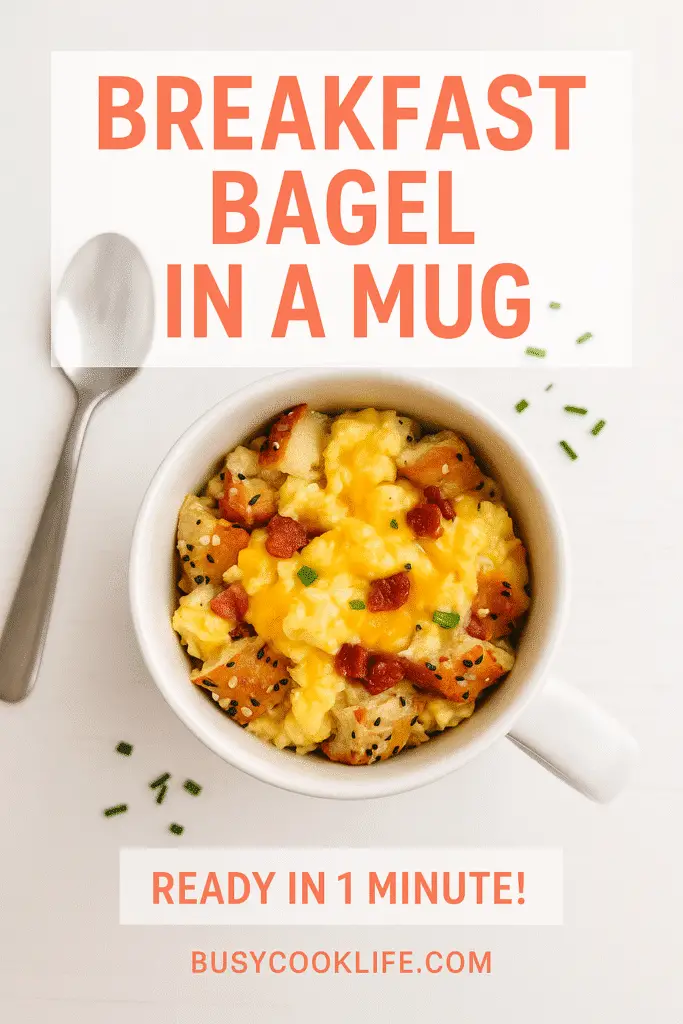 Breakfast bagel in a mug recipe Pinterest pin with overlay text - 1 minute microwave breakfast
