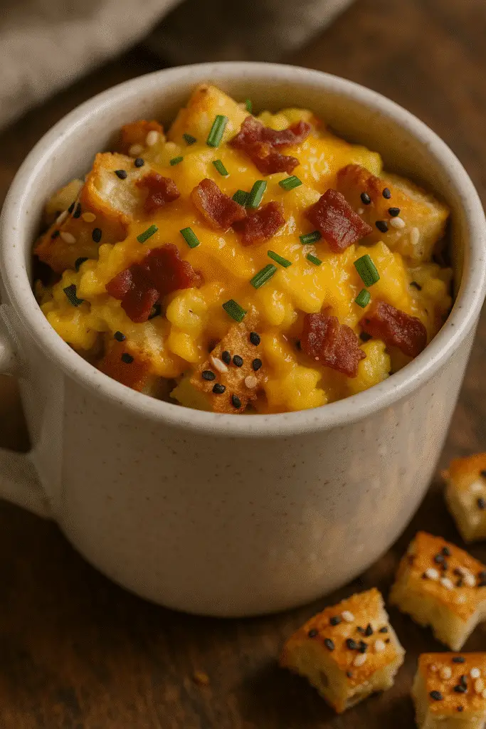 Pinterest-ready breakfast bagel in a mug recipe photo showing ingredients and finished result
