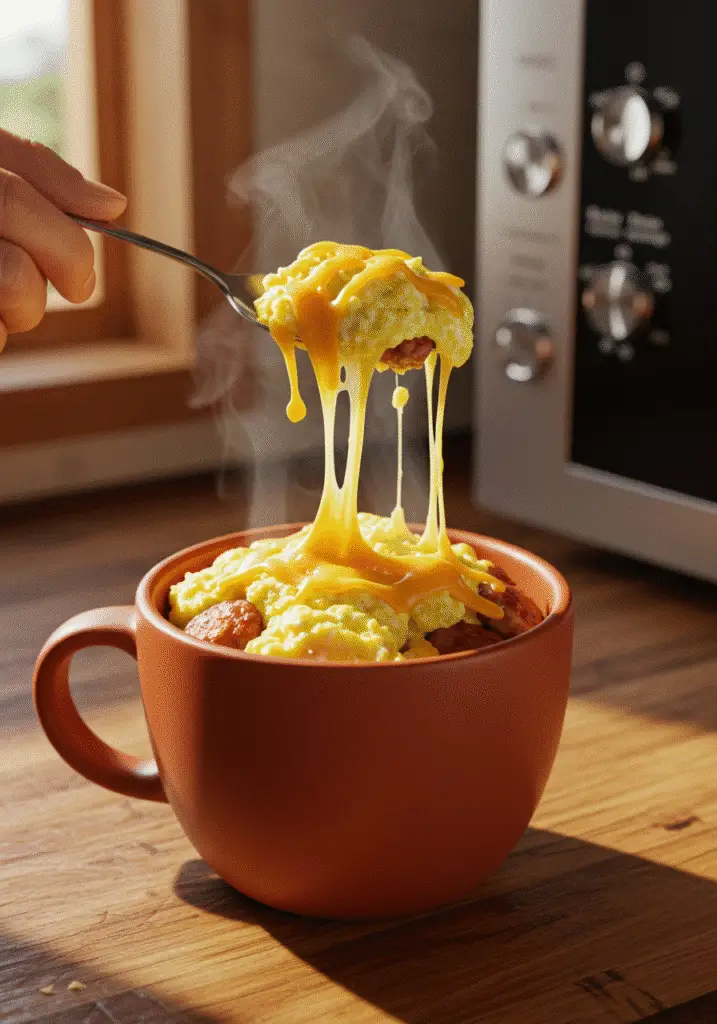 breakfast burrito mug serving spoon steam cheese stretch