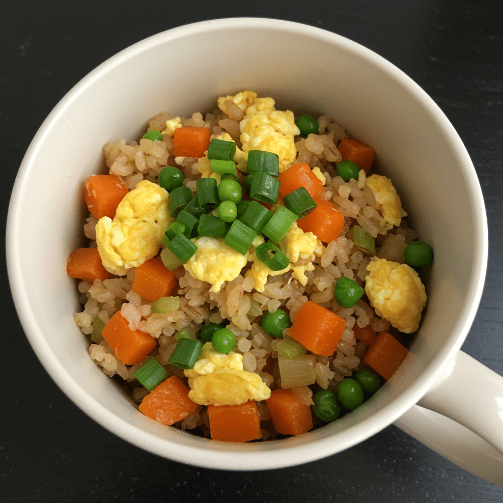 Breakfast fried rice mug with scrambled eggs and vegetables made in microwave - BusyCookLife trusted recipe