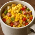 Breakfast Hash in a Mug with fluffy eggs, golden potatoes and melted cheese - BusyCookLife trusted recipe