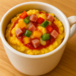 Breakfast pizza mug with scrambled eggs and melted cheese - quick microwave breakfast recipe from BusyCookLife