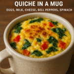 Fluffy breakfast quiche in a mug with melted cheese and vegetables - quick 2-minute recipe