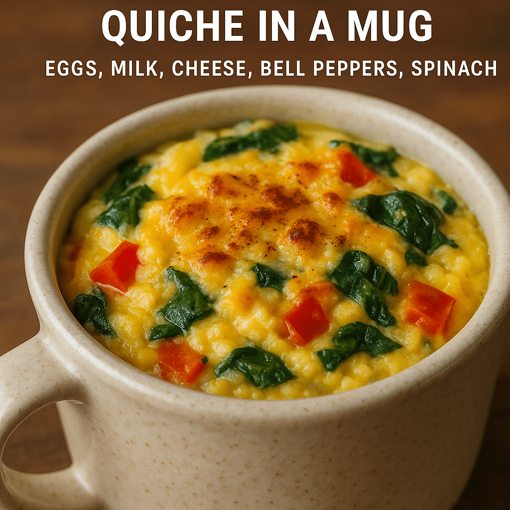 Fluffy breakfast quiche in a mug with melted cheese and vegetables - quick 2-minute recipe
