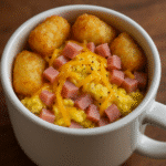 breakfast tater tot mug bake with melted cheese and crispy tater tots in microwave-safe mug