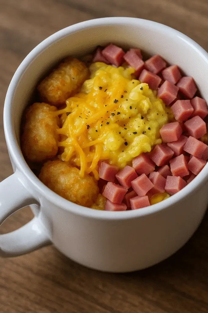 easy breakfast tater tot mug bake recipe ingredients laid out for quick microwave cooking
