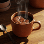 Brownie in a mug recipe showing fudgy chocolate brownie in terracotta ceramic mug