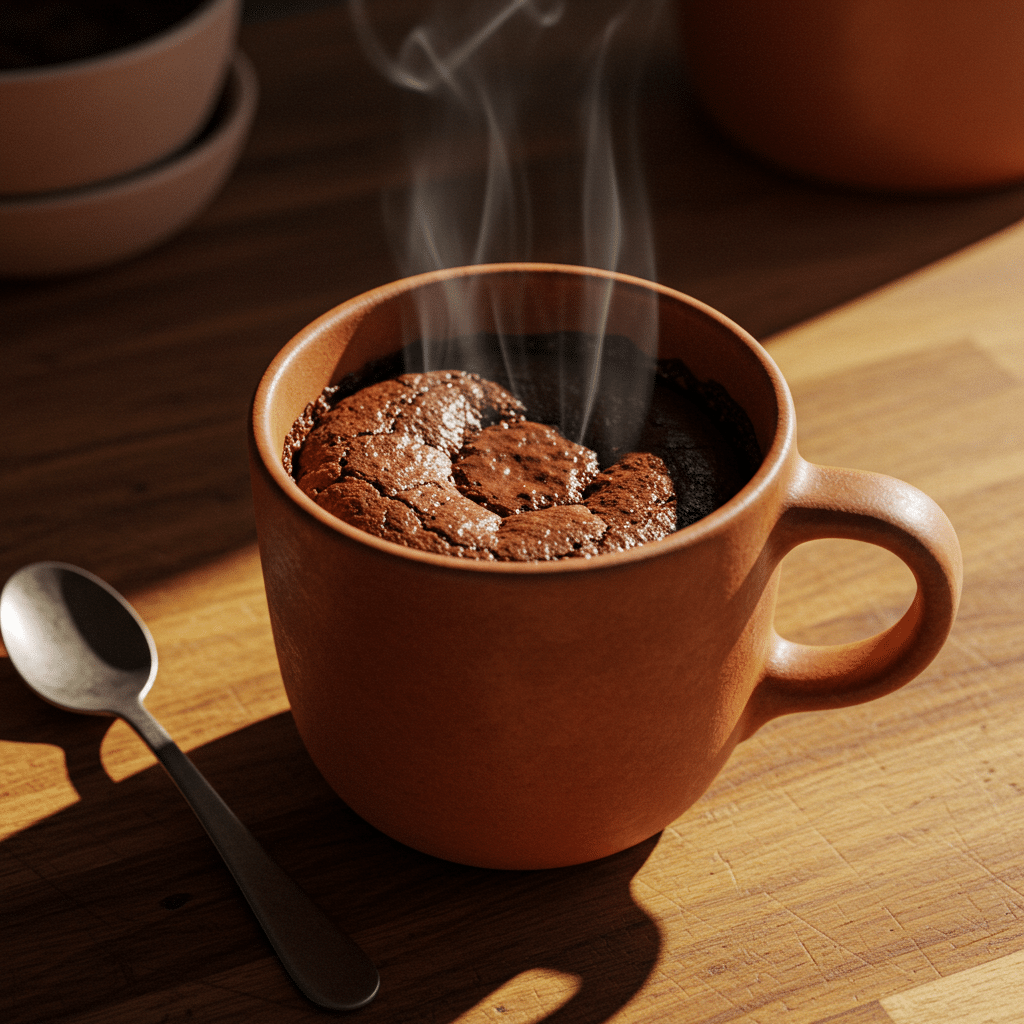 Brownie in a mug recipe showing fudgy chocolate brownie in terracotta ceramic mug