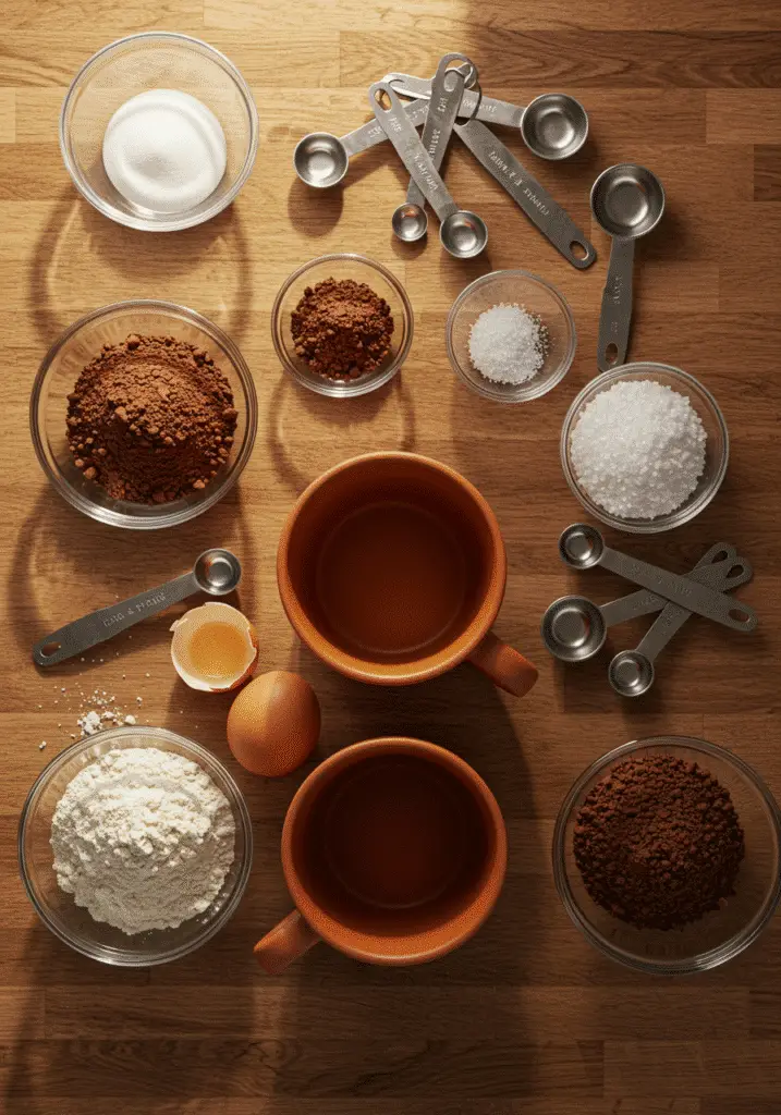 Brownie in a mug ingredients including flour, cocoa powder, sugar, and oil arranged on wooden counter