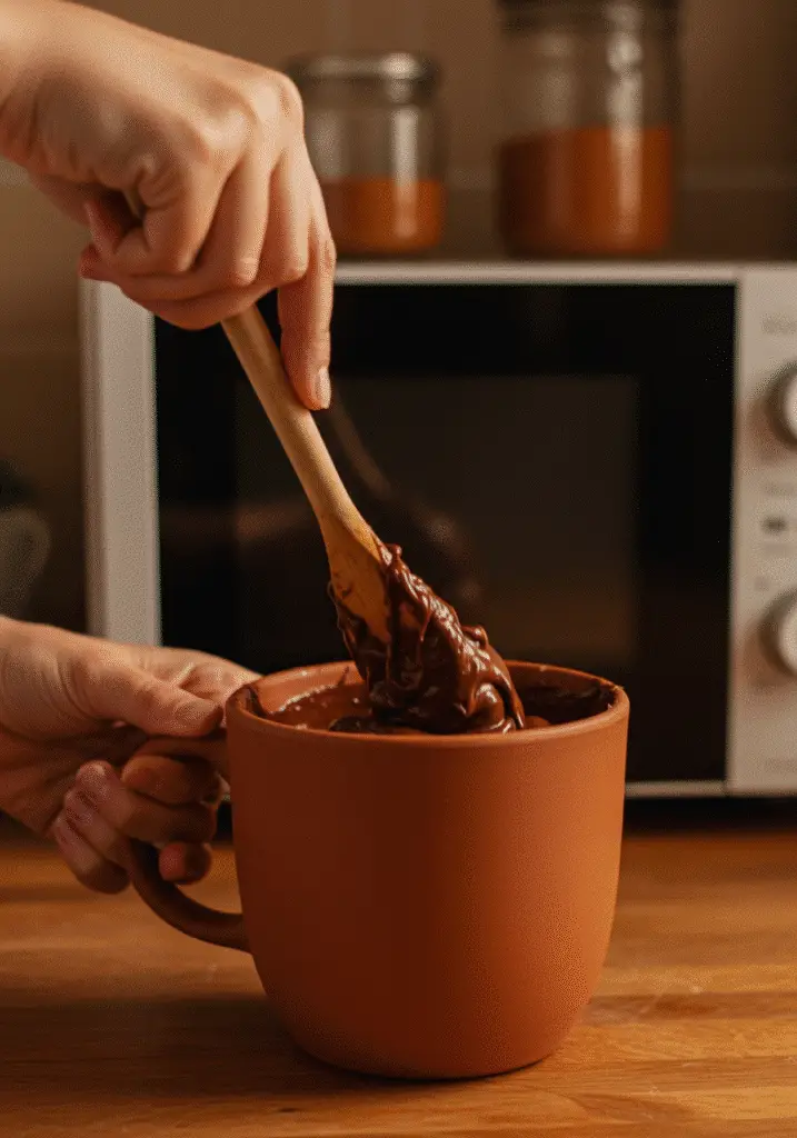 Mixing brownie in a mug batter with wooden spoon showing chocolate batter consistency