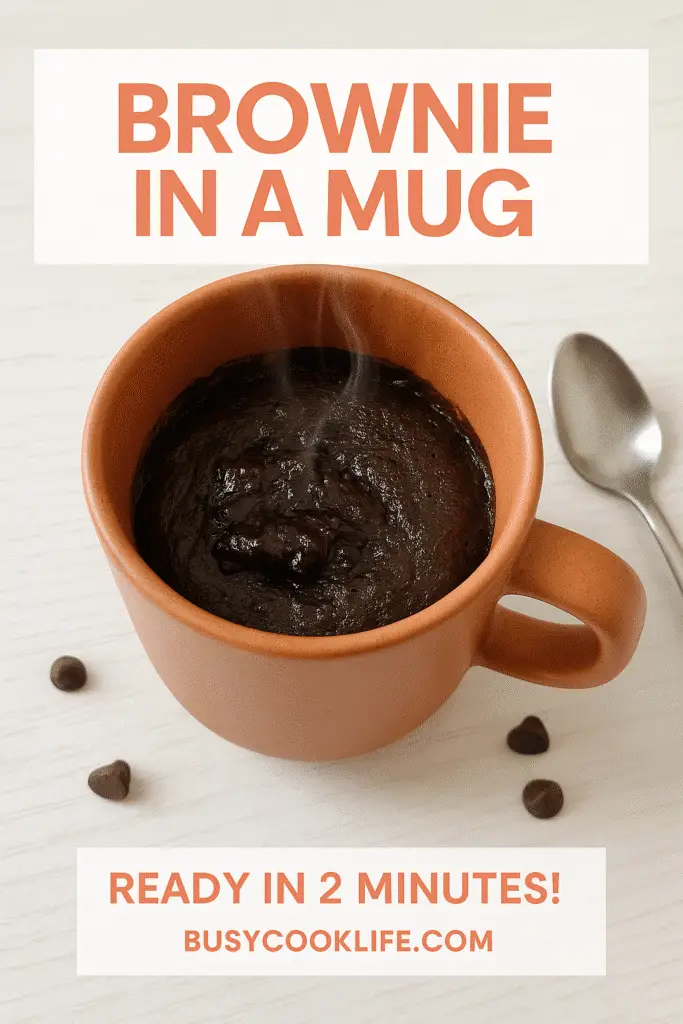 Brownie in a mug Pinterest pin featuring 2-minute recipe with finished chocolate brownie