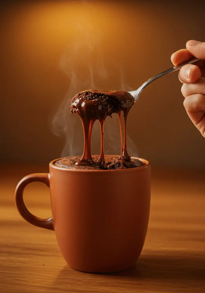 Spoonful of fudgy brownie in a mug showing gooey chocolate texture
