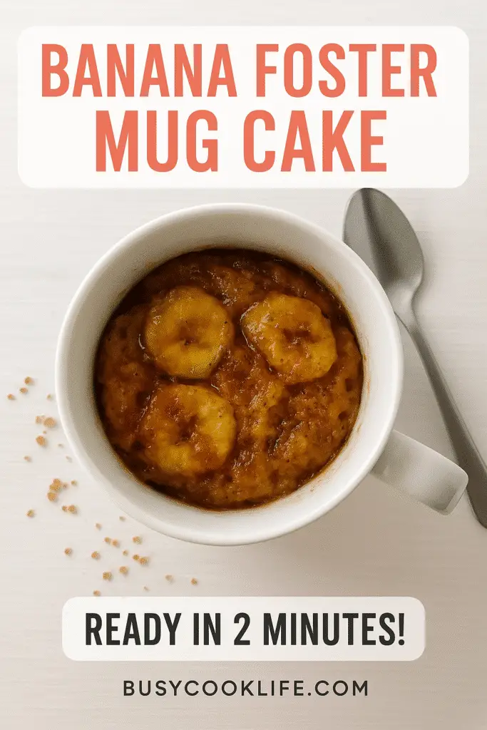 BusyCookLife branded Banana Foster Mug Cake Pinterest pin with recipe timing and website URL