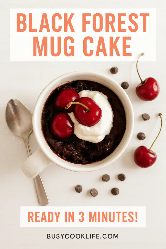 BusyCookLife branded Black Forest mug cake recipe Pinterest pin with cooking time and URL