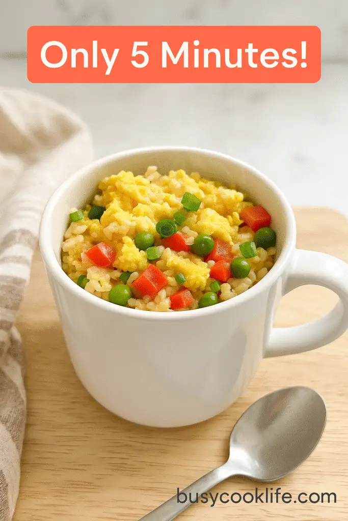BusyCookLife breakfast fried rice mug recipe - branded Pinterest pin showing 5-minute microwave method