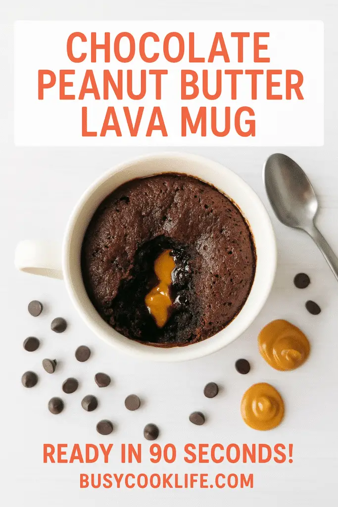 Official BusyCookLife.com branded Pinterest pin for chocolate peanut butter lava mug recipe with website URL and coral branding