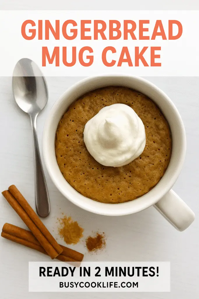 BusyCookLife branded gingerbread mug cake Pinterest pin with recipe details and website URL