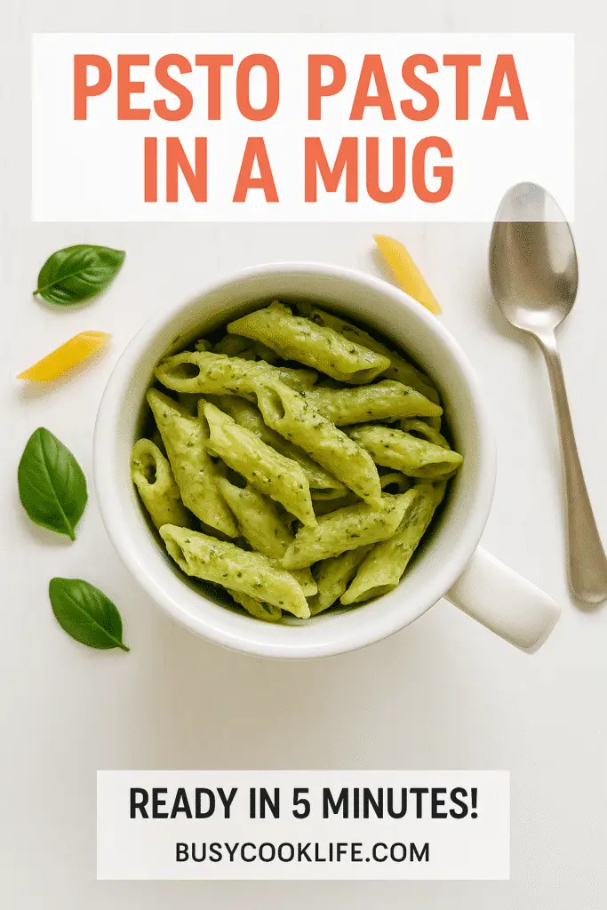 Microwave magic pesto pasta mug with only 4 ingredients overlay - BusyCookLife quick dinner solution