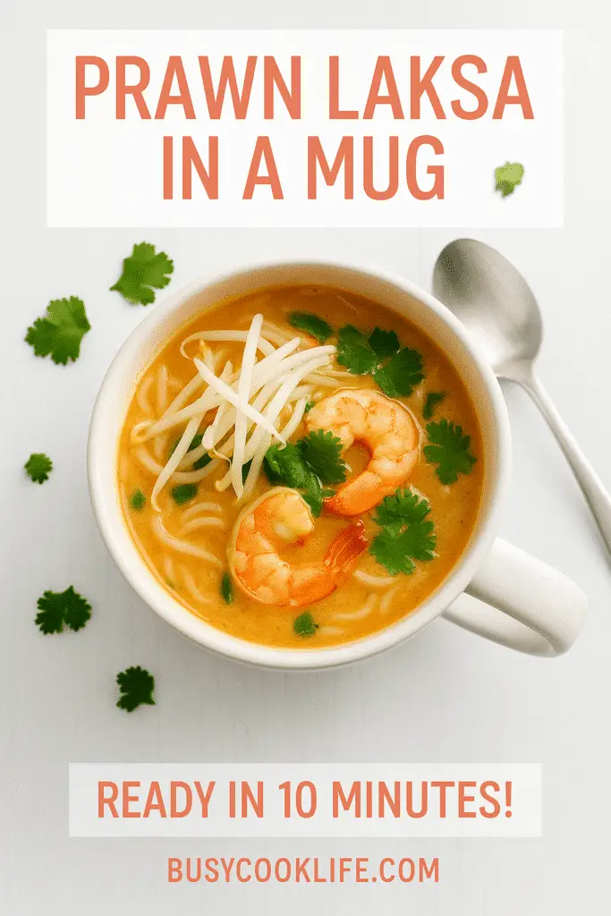 BusyCookLife branded Prawn Laksa in a Mug recipe pin with professional food styling and branding