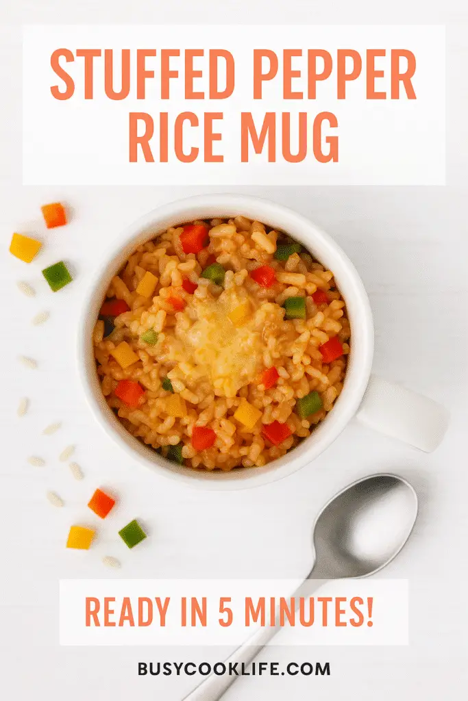 BusyCookLife branded stuffed pepper rice mug recipe Pinterest pin with 5-minute cooking time