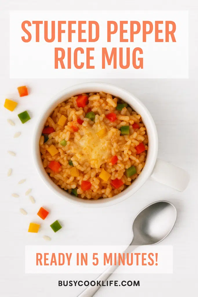 BusyCookLife branded stuffed pepper rice mug recipe Pinterest pin with 5-minute cooking time