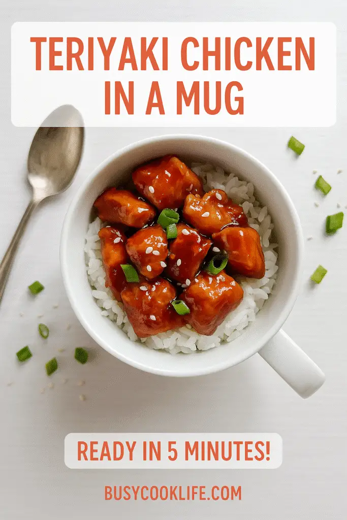 BusyCookLife branded teriyaki chicken mug recipe Pinterest pin with cooking time and URL