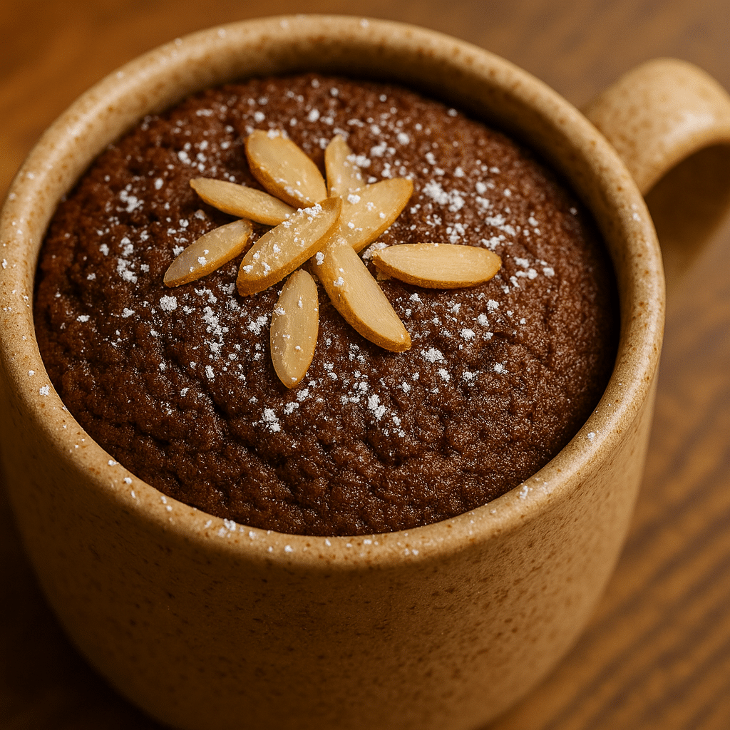 Easy gingerbread mug cake in white ceramic mug with golden spiced cake topped with whipped cream