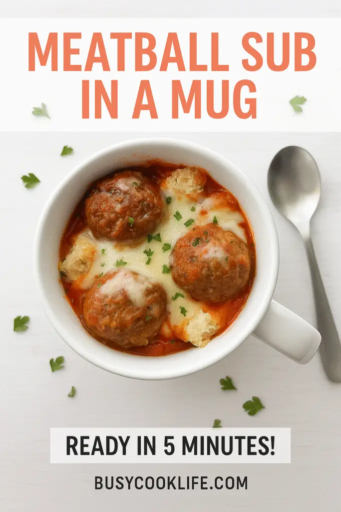 BusyCookLife.com branded meatball sub in a mug recipe pin with site URL and ingredients showcase