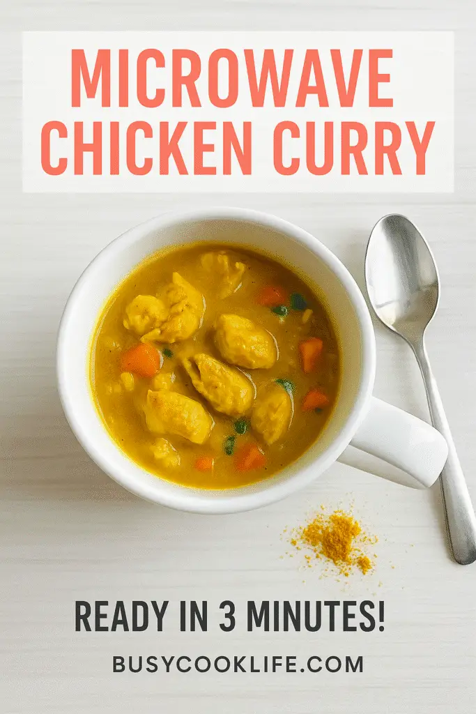 BusyCookLife branded Pinterest pin for microwave chicken curry mug recipe with 3-minute cook time