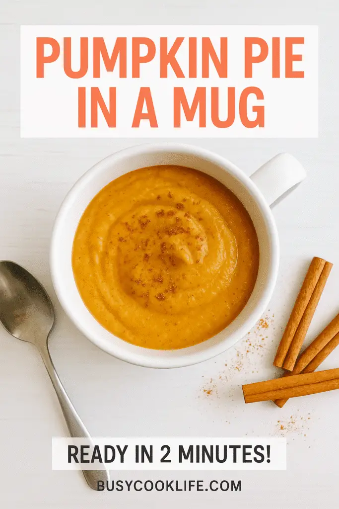 BusyCookLife.com's famous 2-minute pumpkin pie in a mug recipe with brand overlay for Pinterest