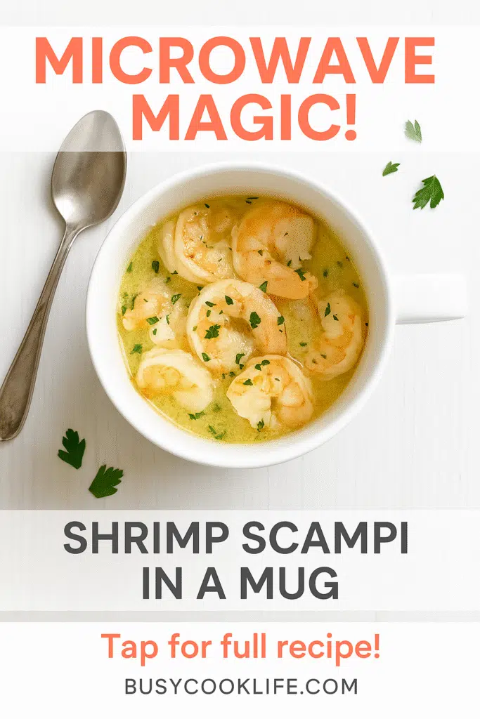 BusyCookLife branded Pinterest pin for Shrimp Scampi in a Mug microwave recipe