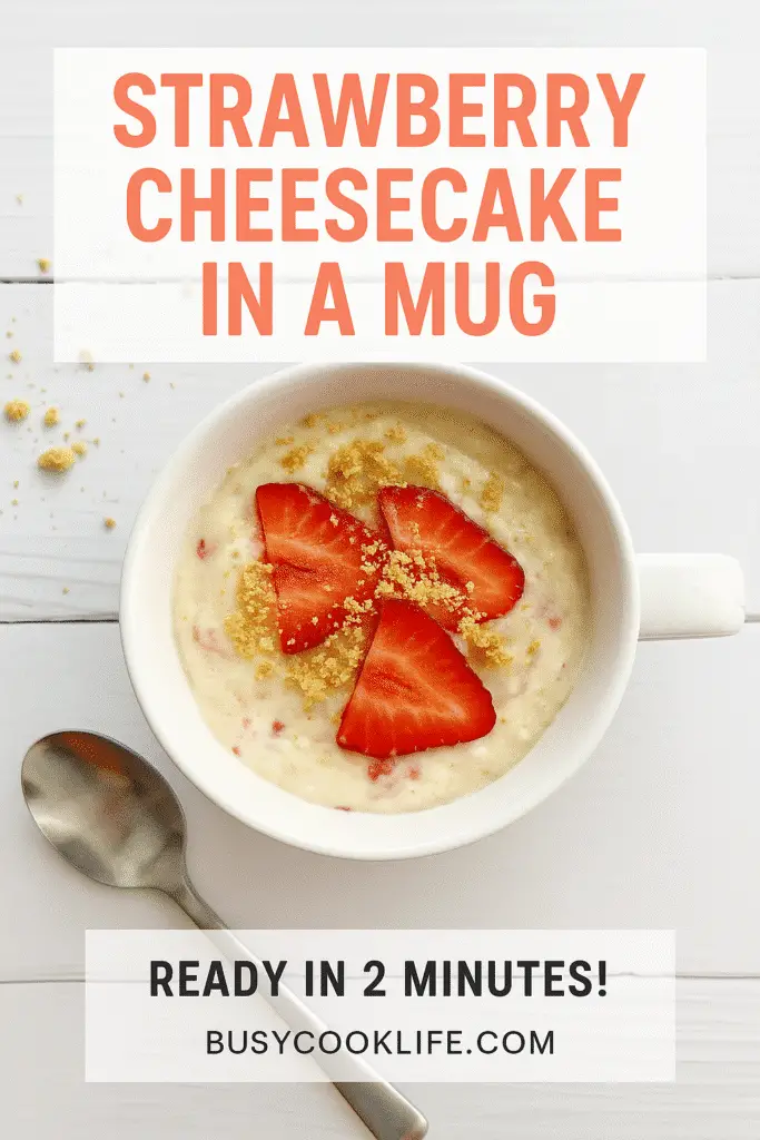 BusyCookLife branded strawberry cheesecake in a mug recipe pin with 2-minute preparation time