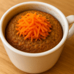 Carrot cake mug cake with fresh grated carrots and cinnamon spice, tested kitchen recipe from BusyCookLife