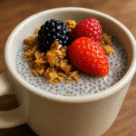 Chia seed pudding in white ceramic mug with fresh berries and granola on clean kitchen counter