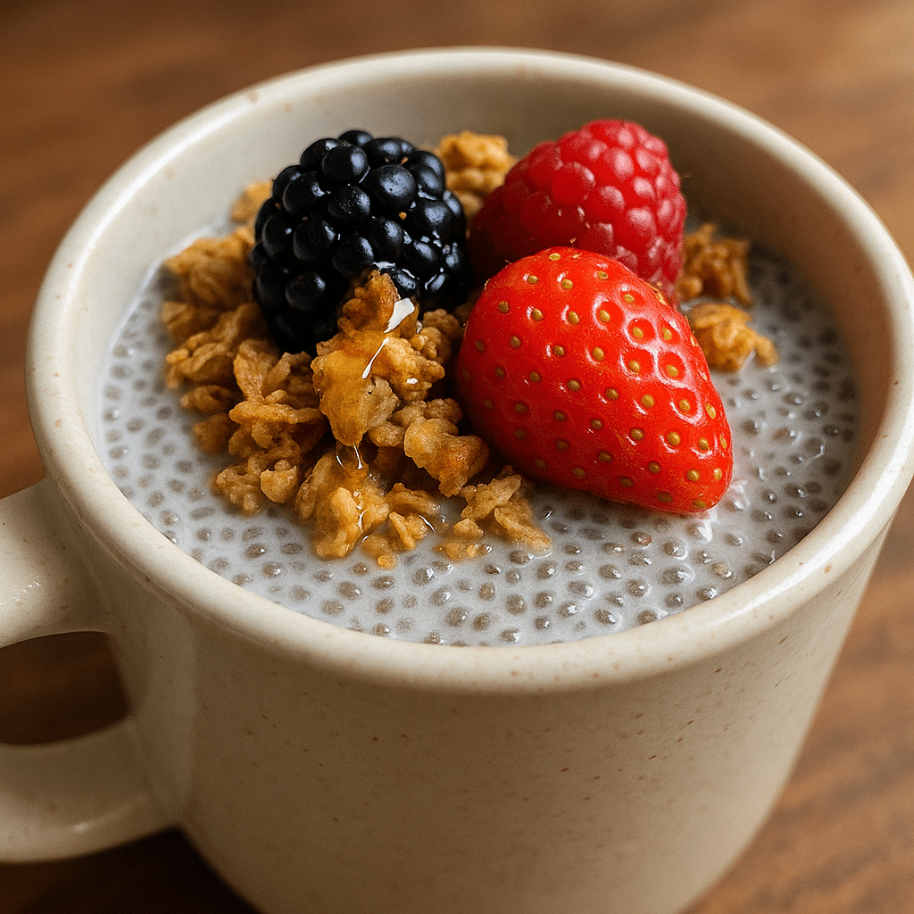 Chia seed pudding in white ceramic mug with fresh berries and granola on clean kitchen counter