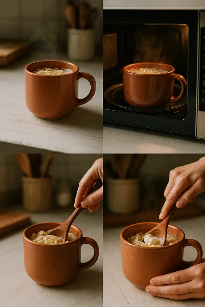 Chicken alfredo mug pasta cooking process showing pasta in microwave with steam and melting cheese