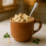 Chicken alfredo mug pasta served in terracotta ceramic mug with creamy sauce and tender chicken