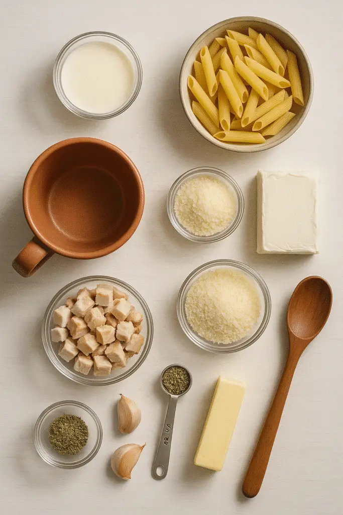 Chicken alfredo mug pasta ingredients laid out including pasta, cream cheese, parmesan, and chicken