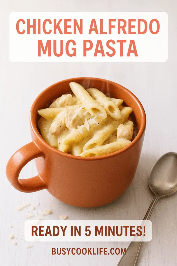 Pinterest pin for chicken alfredo mug pasta recipe featuring 5-minute cooking time and easy instructions