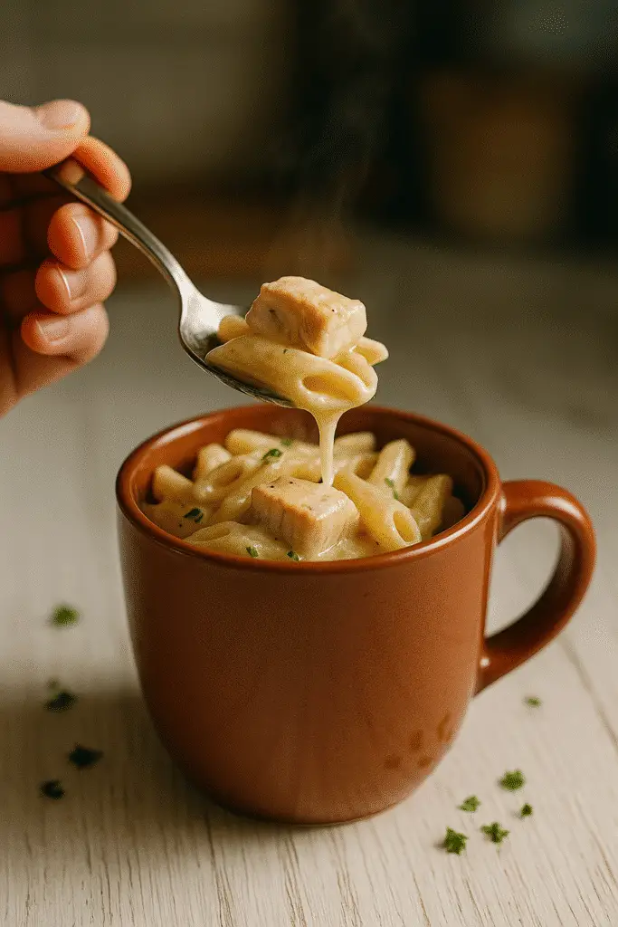 Spoonful of chicken alfredo mug pasta showing creamy sauce and tender chicken on silver spoon