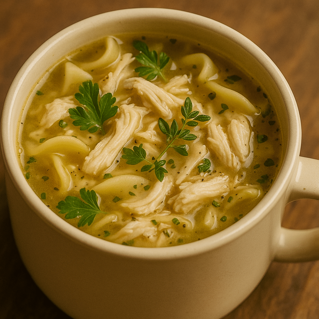 Chicken noodle soup in a mug with steam rising - BusyCookLife 3-minute recipe