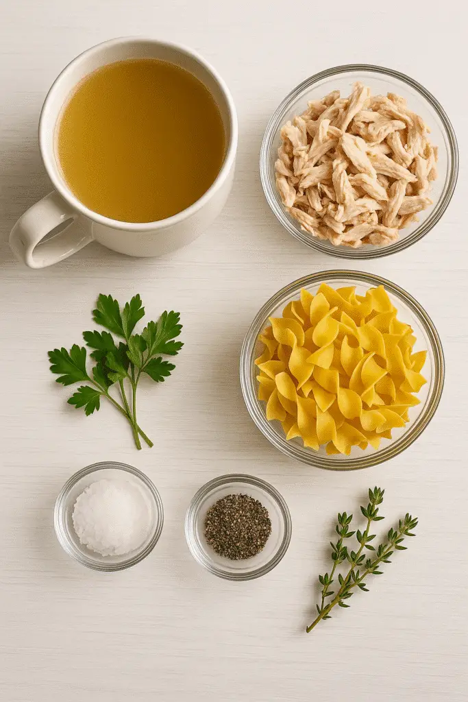 Chicken noodle soup mug recipe ingredients laid out on white wooden surface