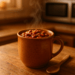 Chili in a mug served in terracotta ceramic mug with steam rising