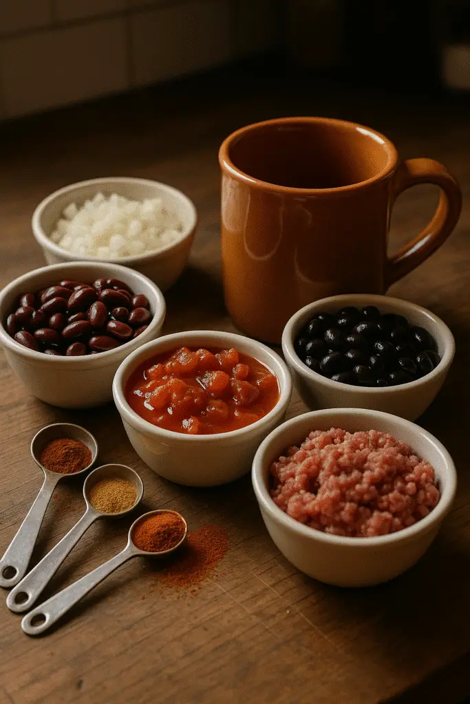 Chili in a mug ingredients arranged on wooden counter with measuring tools