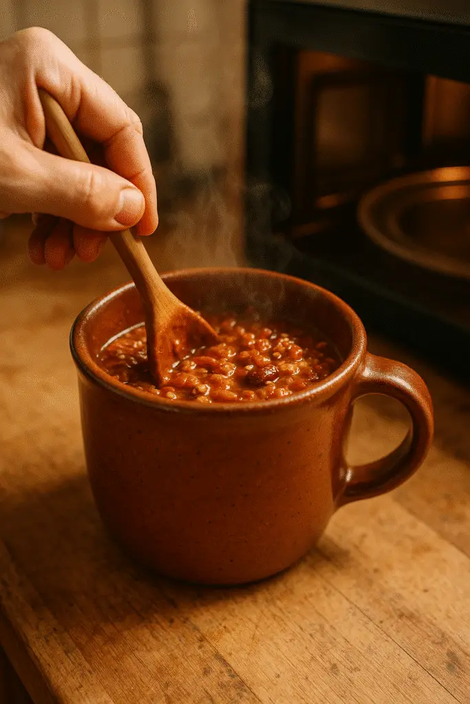 Chili in a mug ingredients being mixed with wooden spoon in microwave