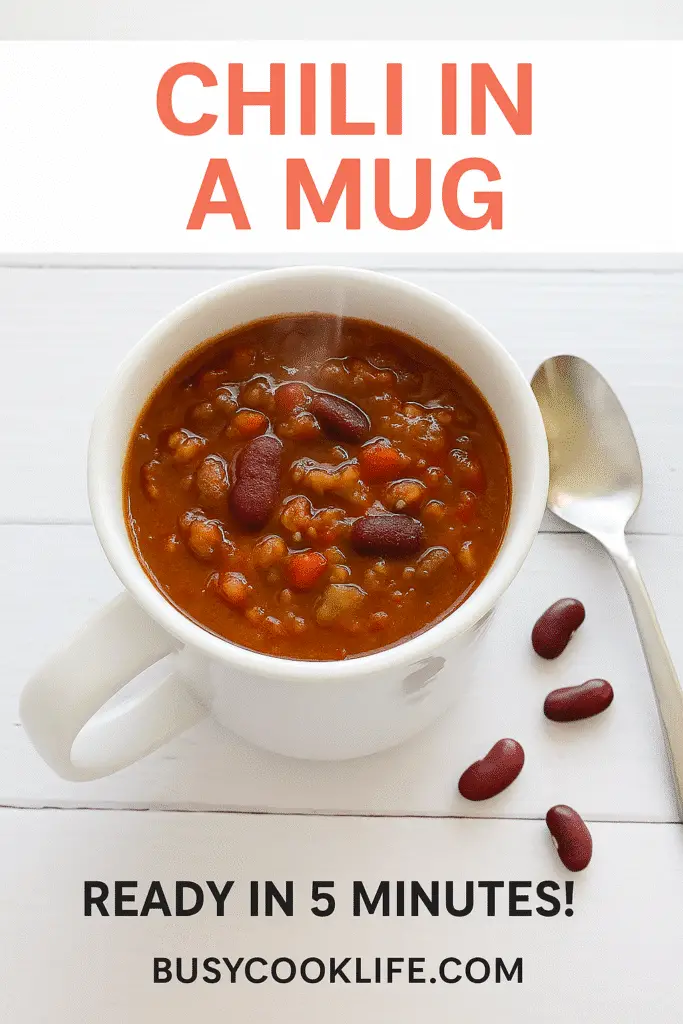 Chili in a mug Pinterest pin with text overlay and white ceramic mug