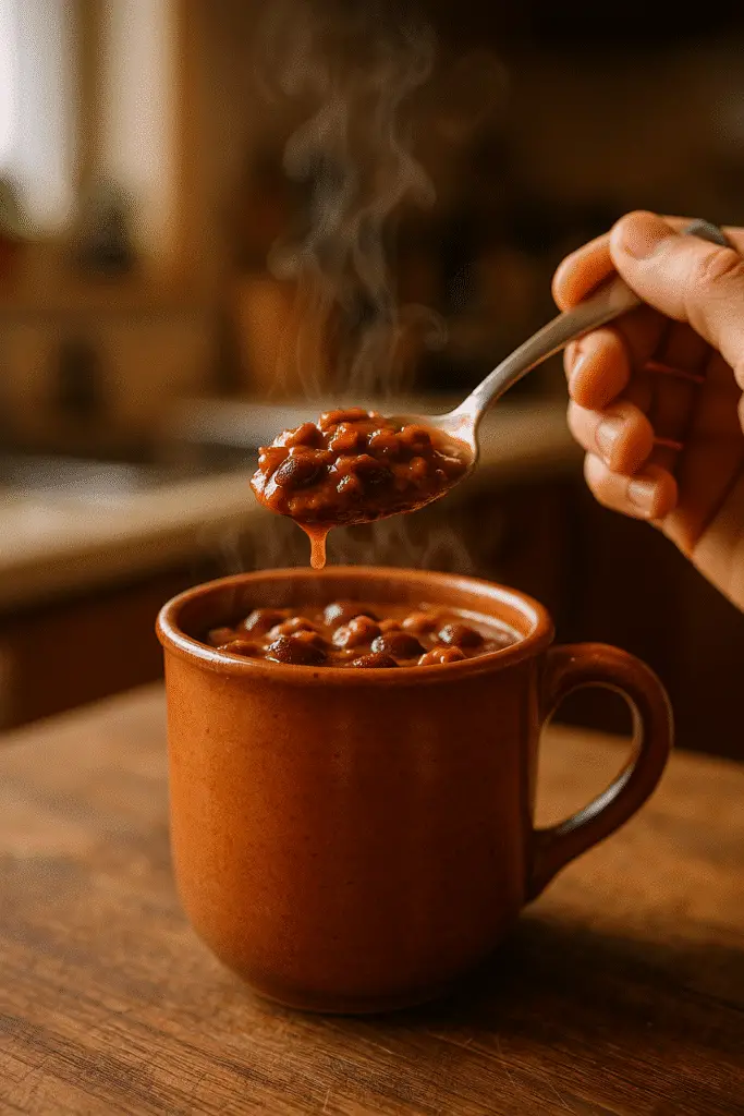 Chili in a mug first spoonful being lifted with visible steam and texture
