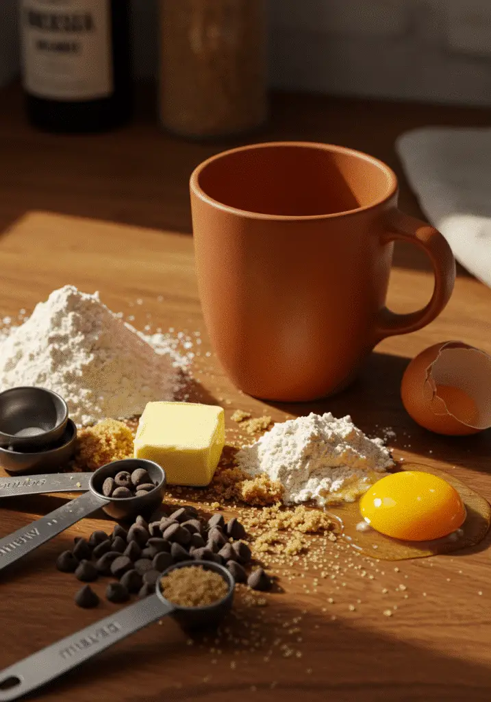 Chocolate chip mug cookie ingredients arranged with flour, brown sugar, butter, egg yolk, and mini chocolate chips