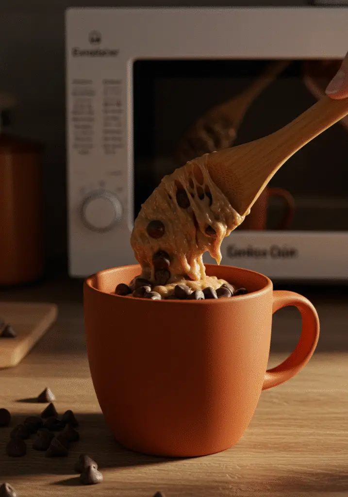 Chocolate chip mug cookie batter being mixed in ceramic mug showing proper consistency and chocolate chip distribution