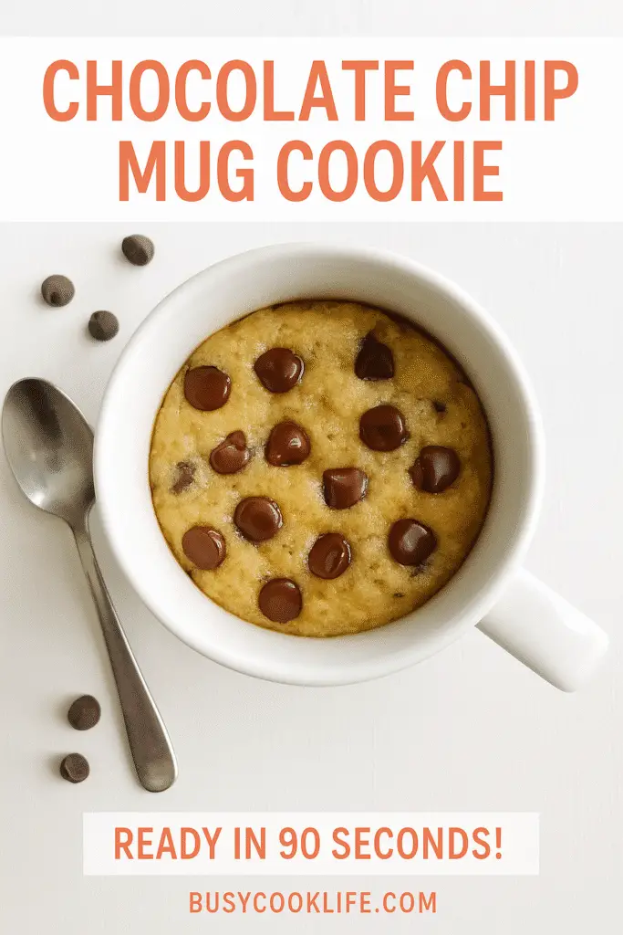 Chocolate chip mug cookie Pinterest pin featuring recipe title and 90-second ready time with BusyCookLife branding